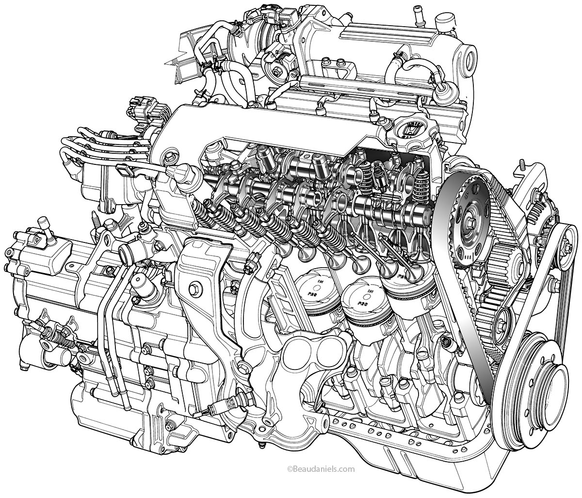 Cutaway engine line art