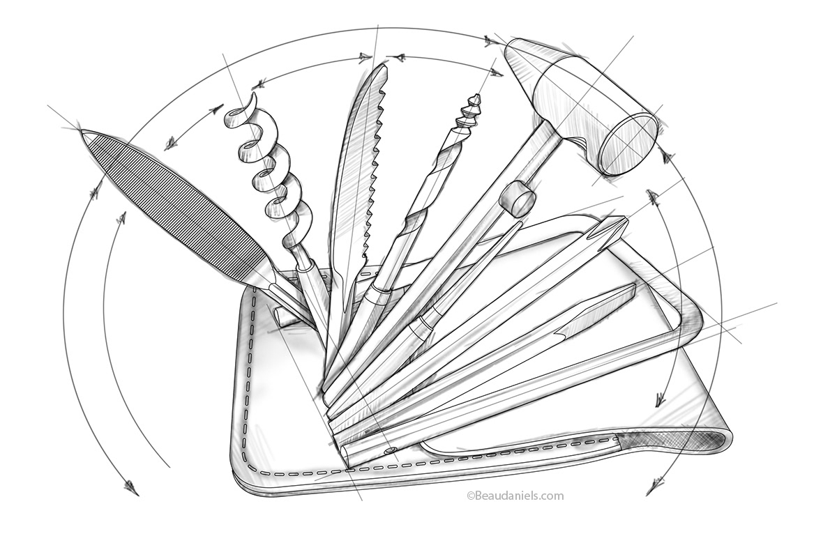 Restoration Hardware. Multi tool, product illustration.
