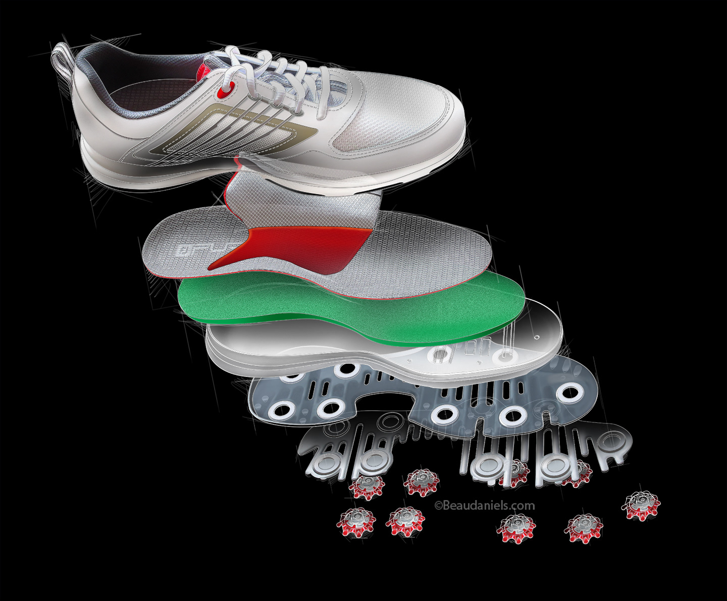 Golf shoe, breakout style technical illustration.
