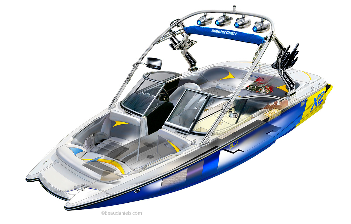 Cutaway and ghosted technical illustration of the X2 for MasterCraft Boats.