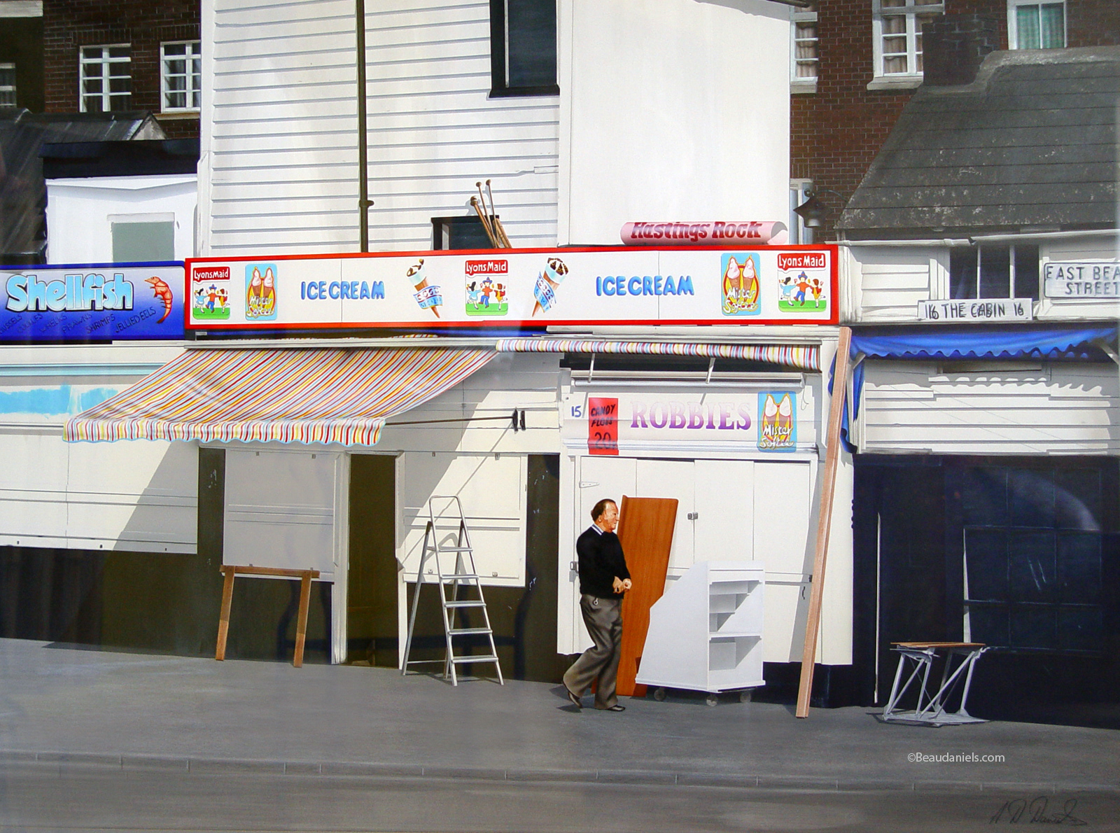 Product: Airbrush acrylic painting Title: "Robbies" Location: Hastings, Sussex, England Dimensions: H-30" W-40" Lived pretty close to there for a while..
