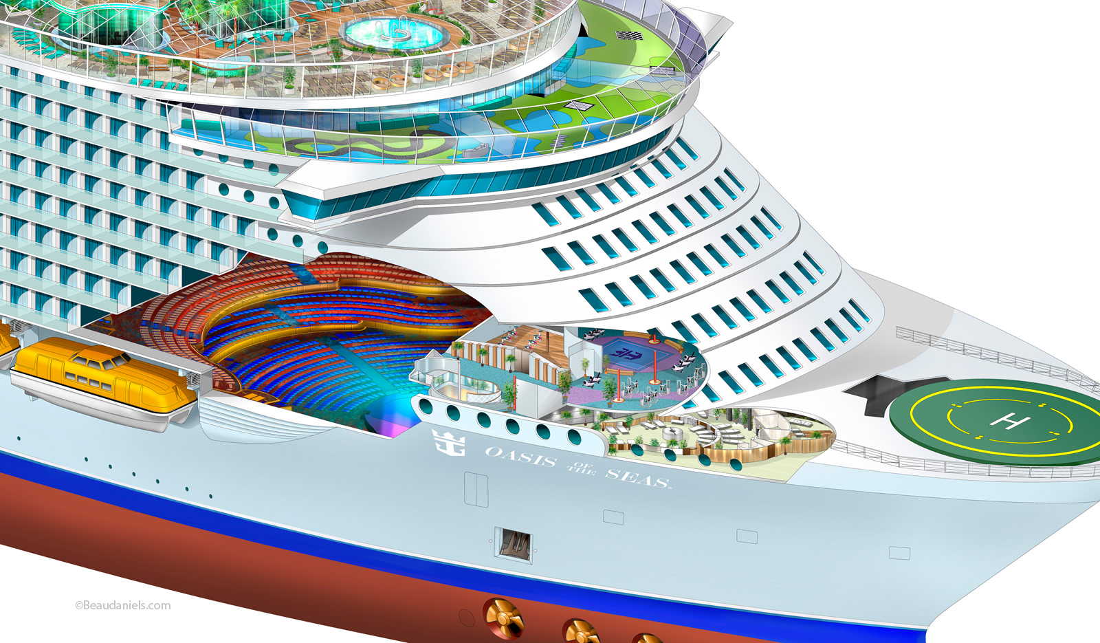 Royal Caribbean Cruise Line, Oasis of the Seas cutaway illustration. Rendered in Adobe Photoshop.