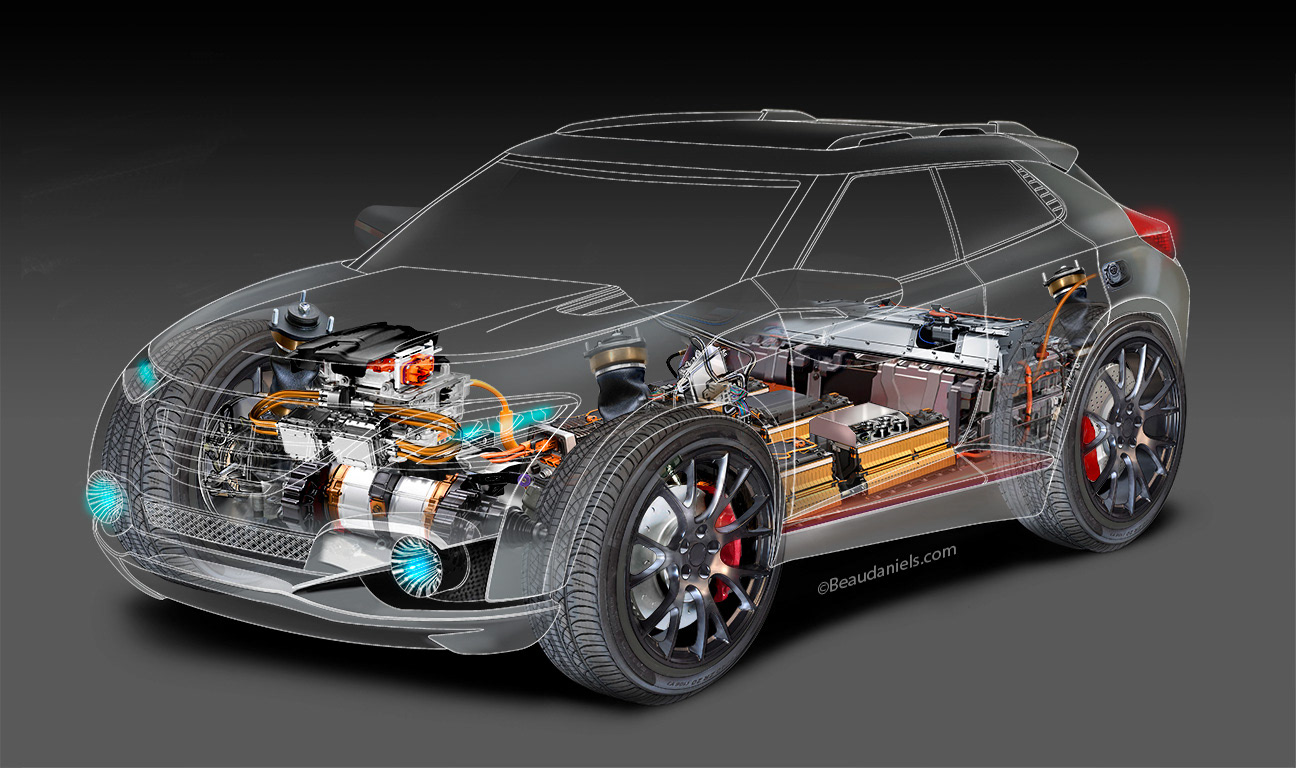 Generic SUV, strict EV, cutaway technical illustration.
