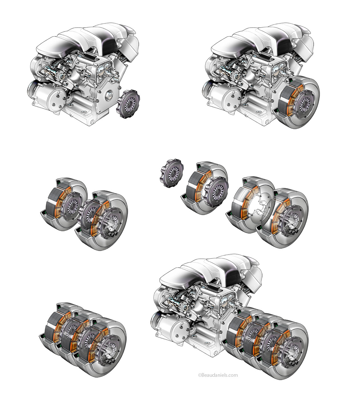 Possible permutations of the hybrid engine cutaway illustration using the individual layers in photoshop.
