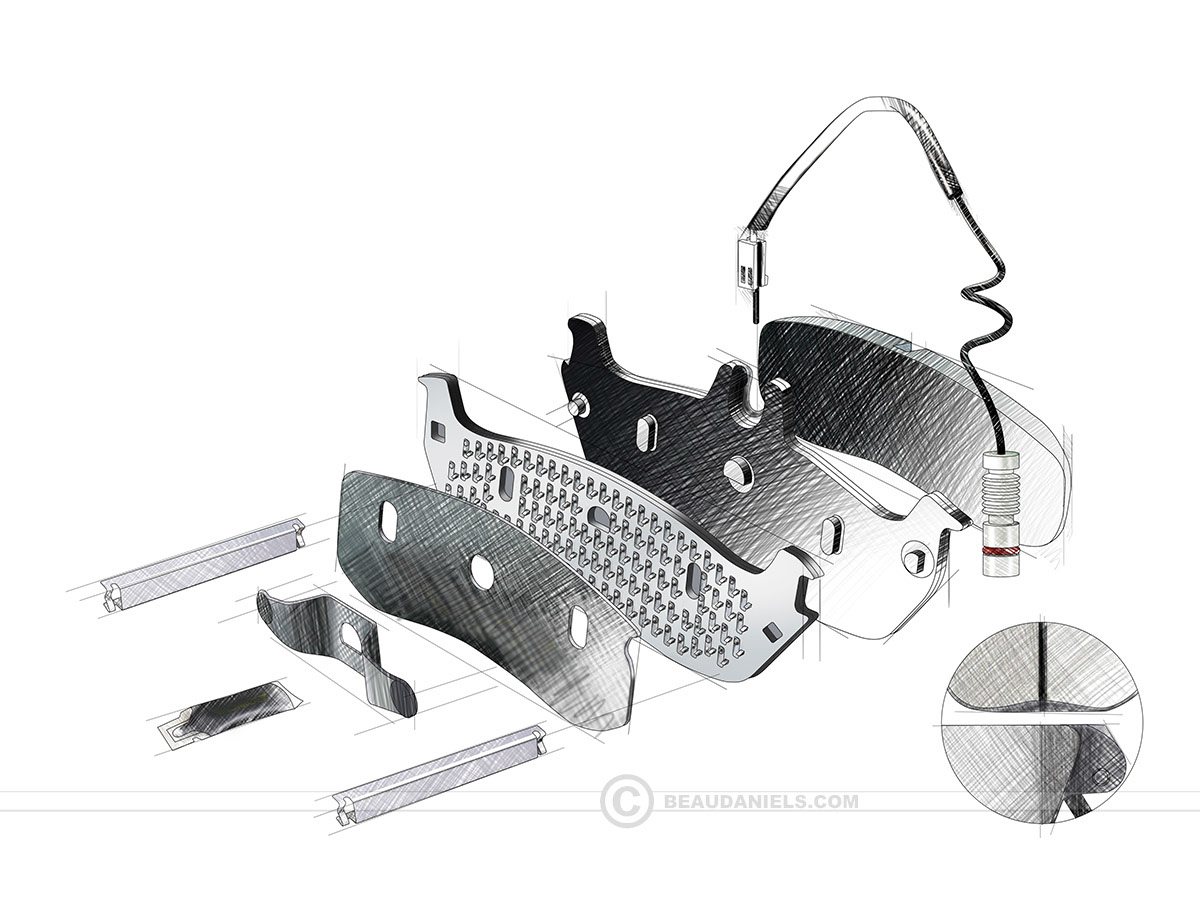 Exploded illustration of a brake pad assembly.