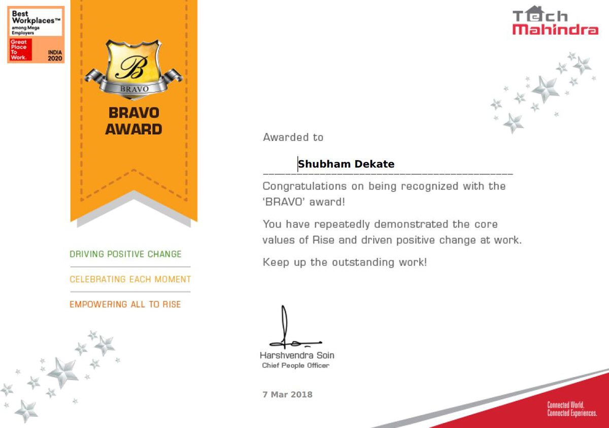 Bravo Award for outstanding Contribution