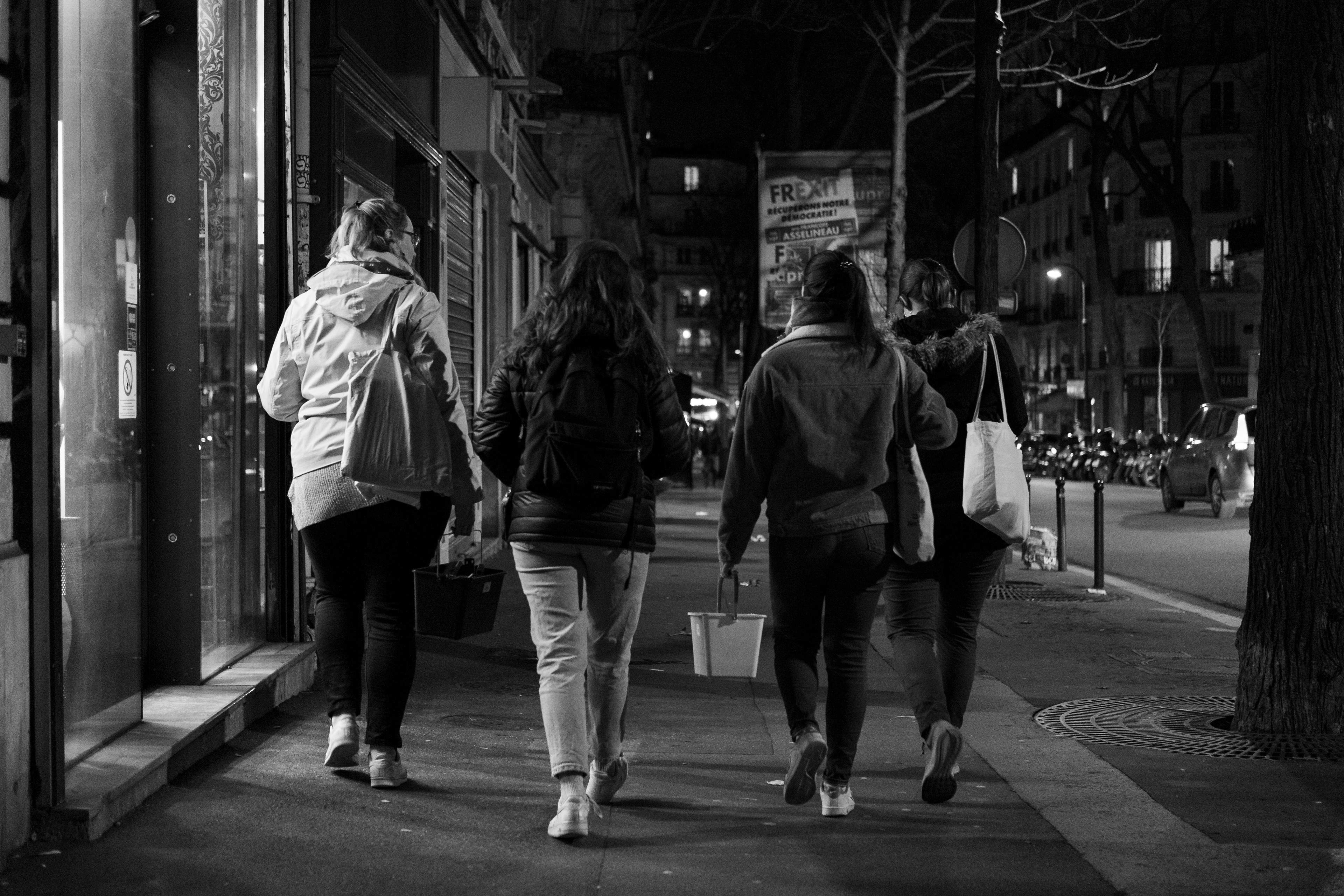 Feminists in the streets of Paris around the school La Femis posting in February 2020to protest against the violences toward women, Paris, France