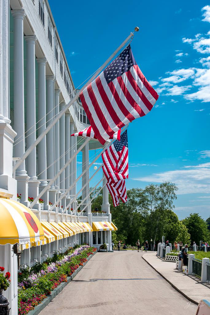 Beautiful Blue Skies and Flags with The Grand Hotel, Mackinac Island