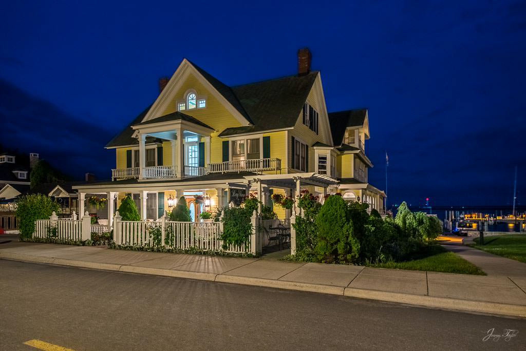 Mackinac Island at night, Bayview inn on Main Street