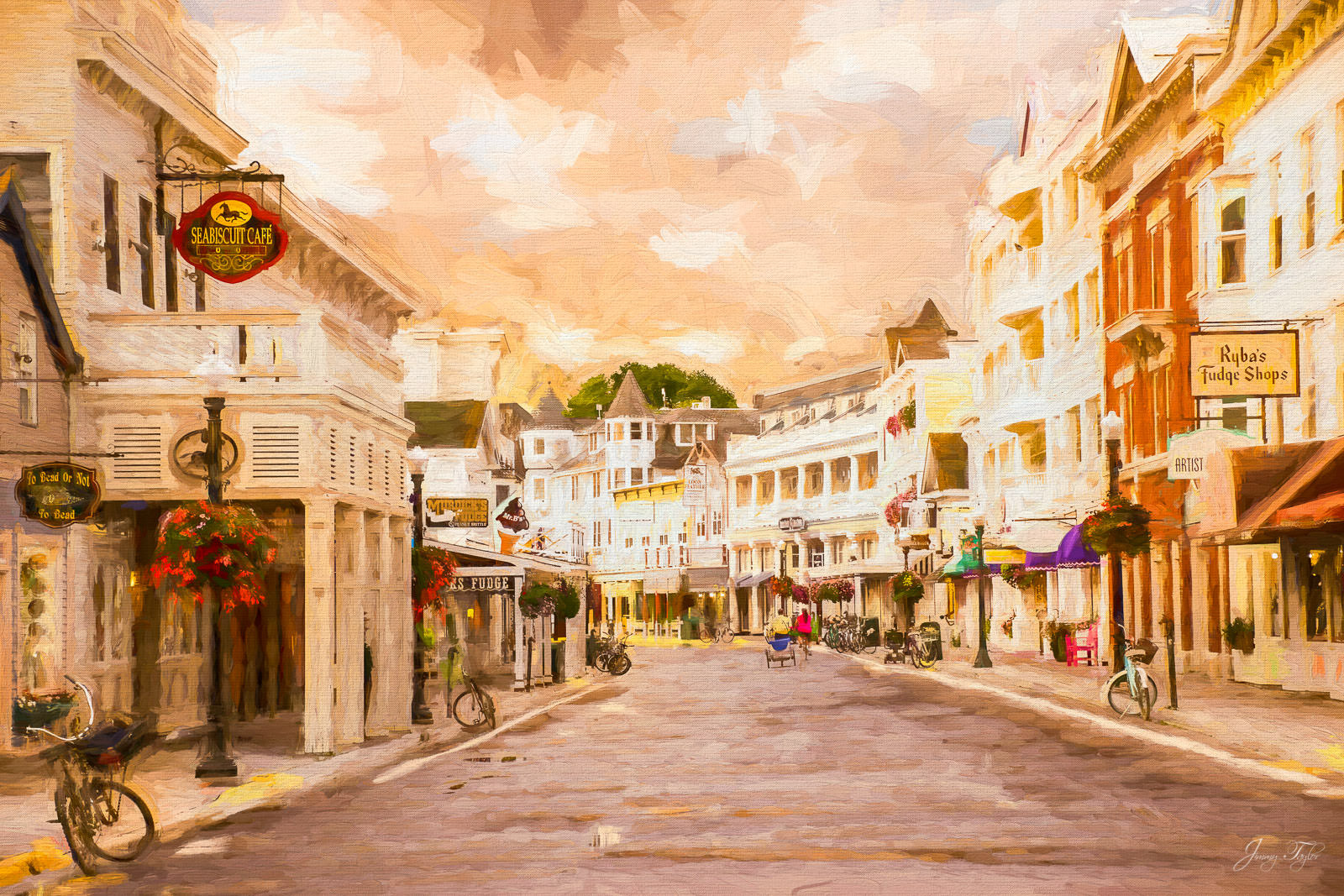 Mackinac Island Painting - Main Street at sunrise and with the warm glow during Fall season