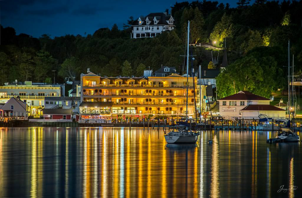 Mackinac Island at night with incredible view and reflection on the water
