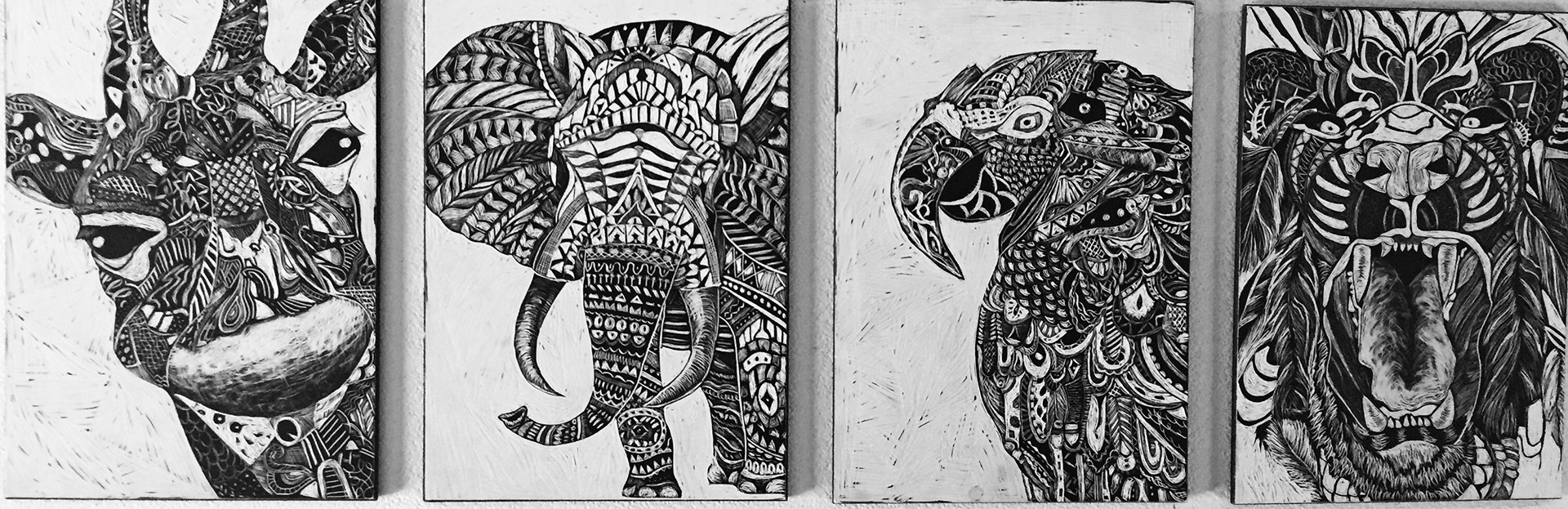 Collection of African Print scratchboards. From left to right, giraffe, elephant, bird, lion. (all scratchboards done in 2016)
