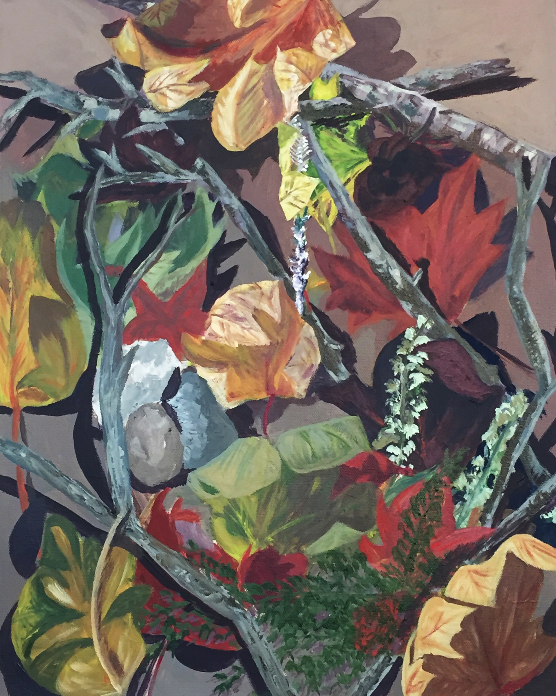 Still life of nature. I created a composition of leaves, sticks, rocks and other natural materials and painting the change over time. (2018