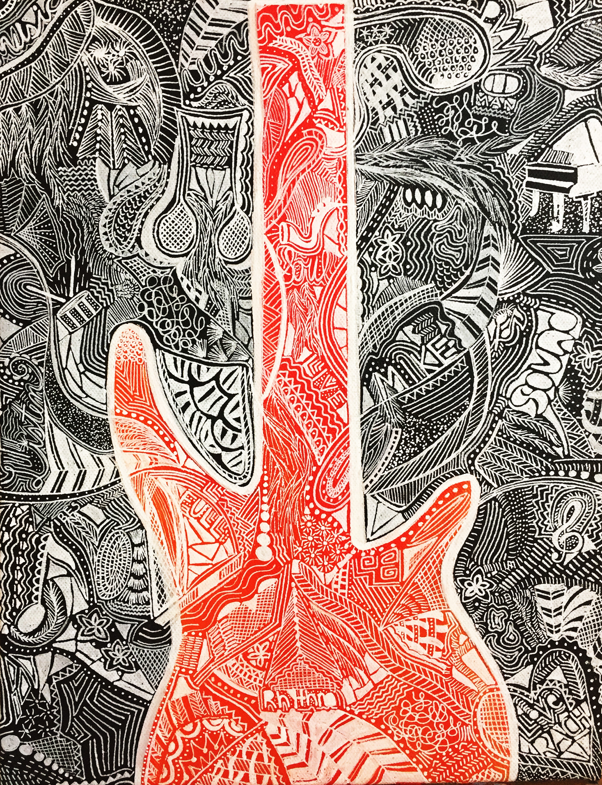 Acrylic painting of a guitar as the feature image, but filled with smaller messages and images as the makeup of the surroundings. (2018)