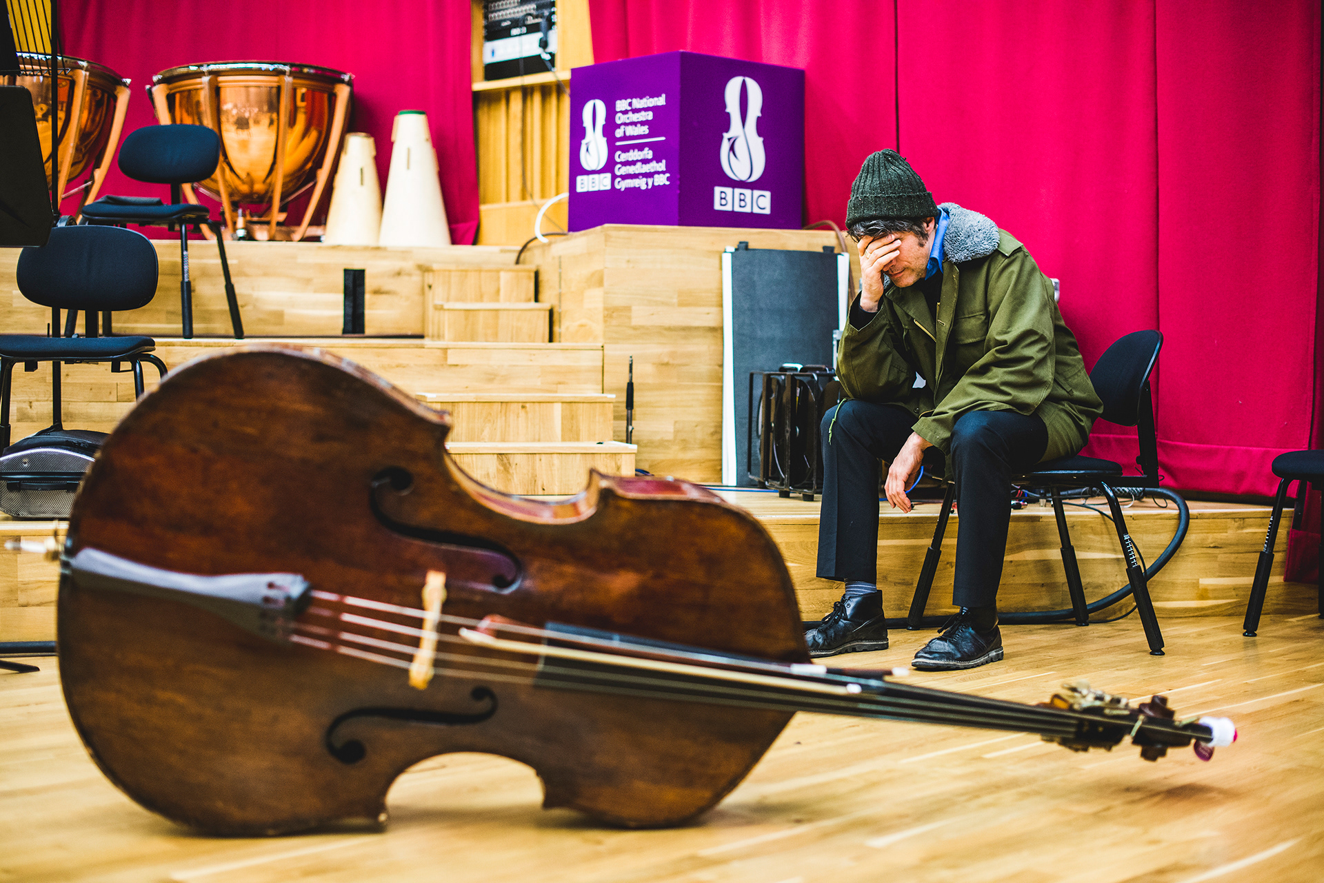 Gruff Rhys (Super Furry Animals) recording with the BBC National Orchestra of Wales for his album Babelsberg and his upcoming performance at the Cardiff Festival of Voice