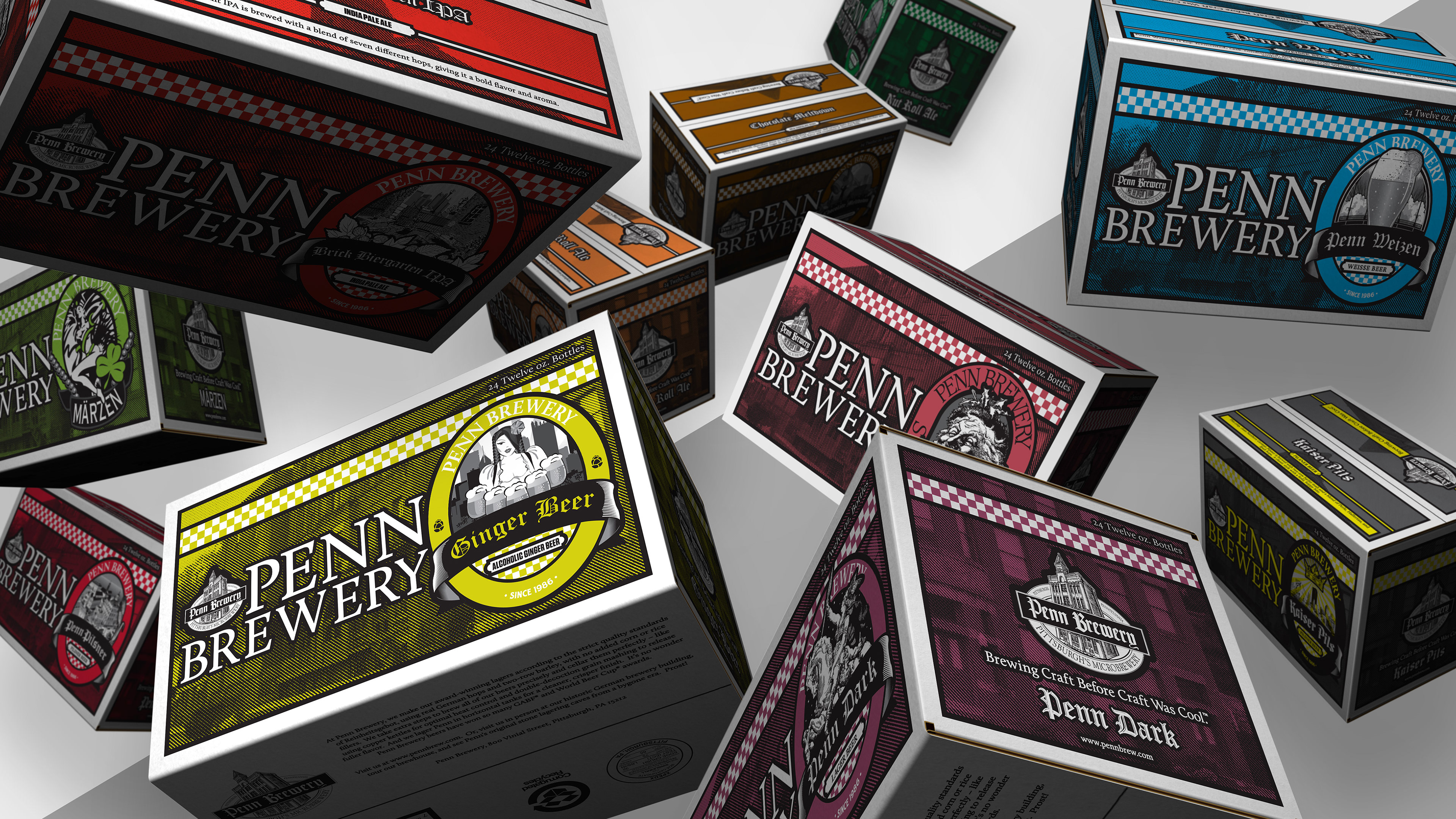 Photoshop 3D Rendering of all of Penn Brewery 24 pack corrugated cases designed by Andrew Thompson