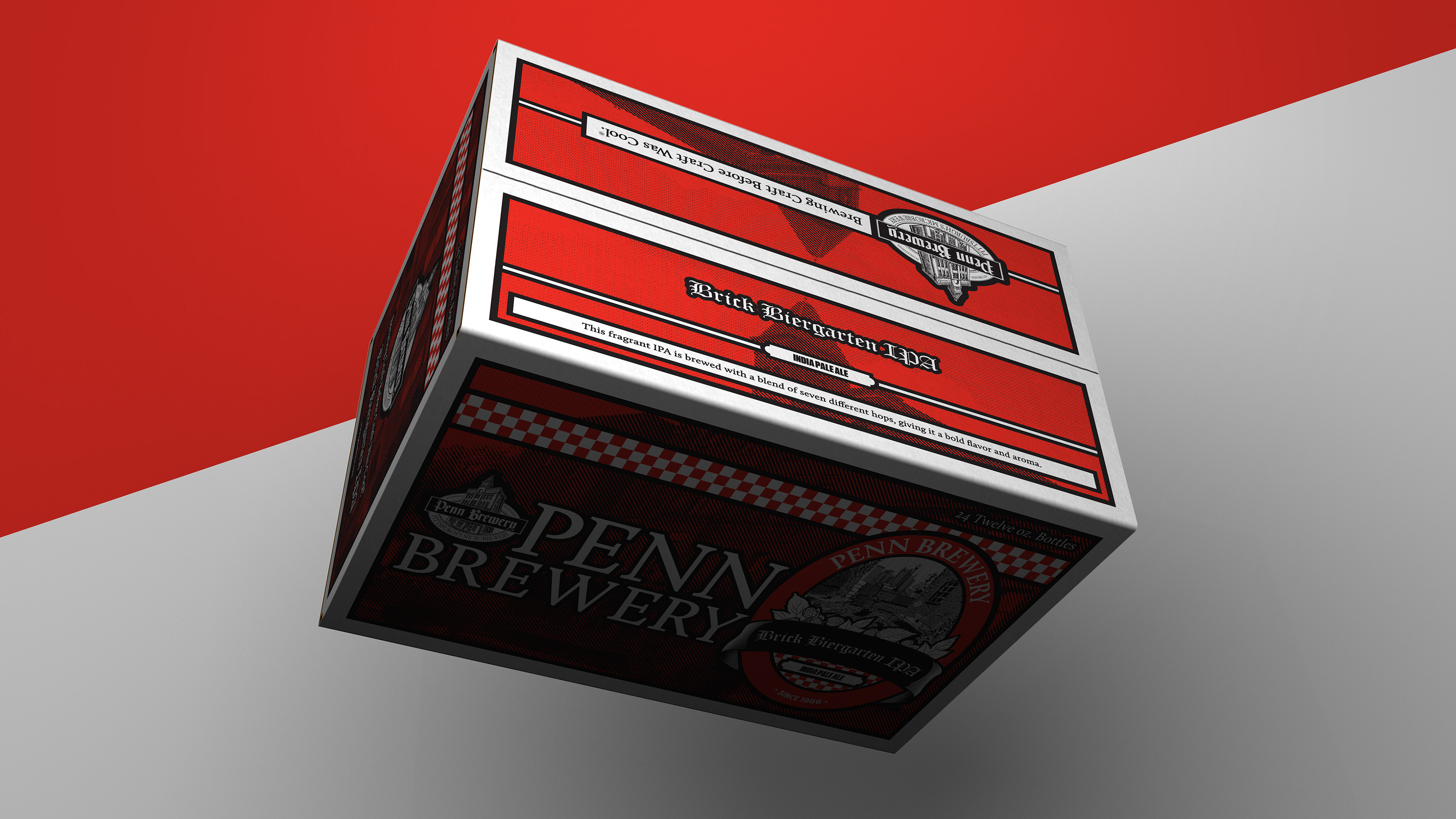 Photoshop 3D Rendering of Penn Brewery's, Brick Biergarten IPA 24 pack corrugated case designed by Andrew Thompson