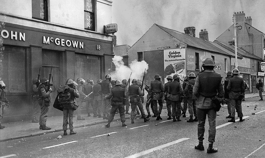 Belfast, N.Ireland. July 1 ,1970. British troops fire CS gas from The Falls Road and Leeson Street.