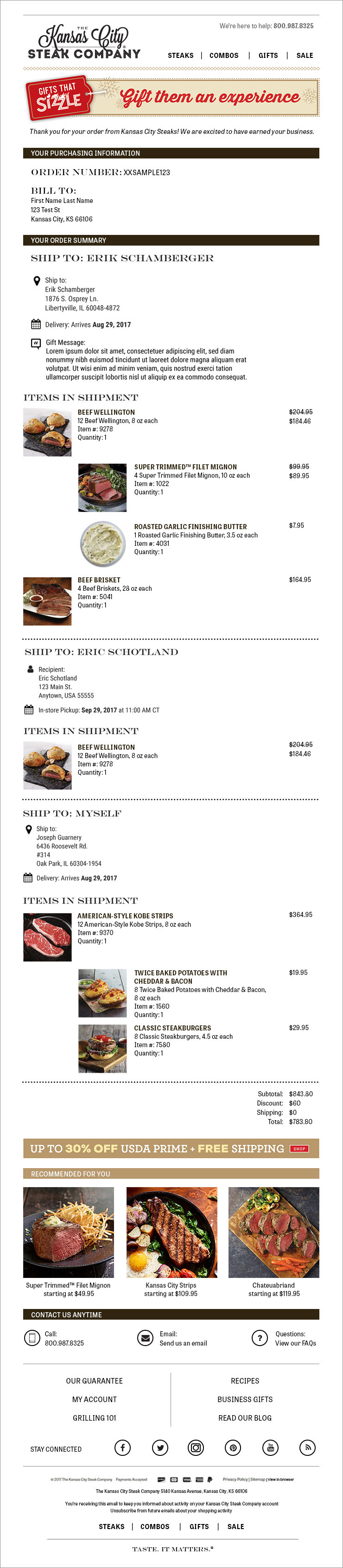 Check out page in the KC Steaks redesigned website shows selected products organized by ship to names and by dates. Created by Blue Acorn with Eric Schotland