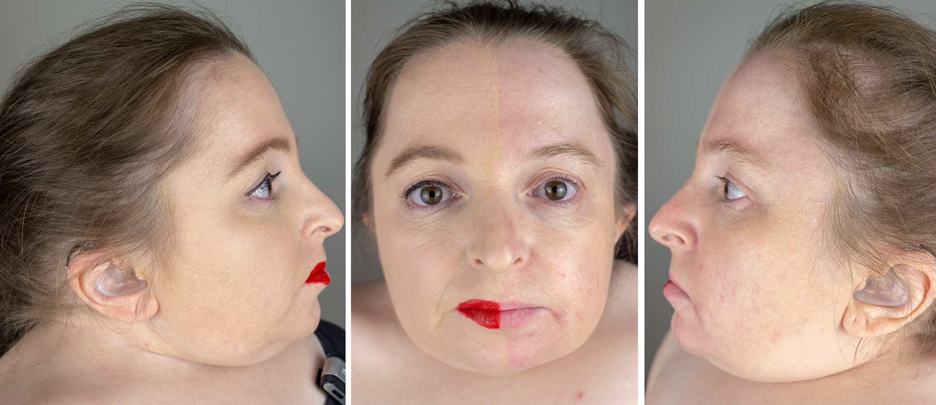 3 photos pictured side by side of Mel's face, side one and front on, with and without make up