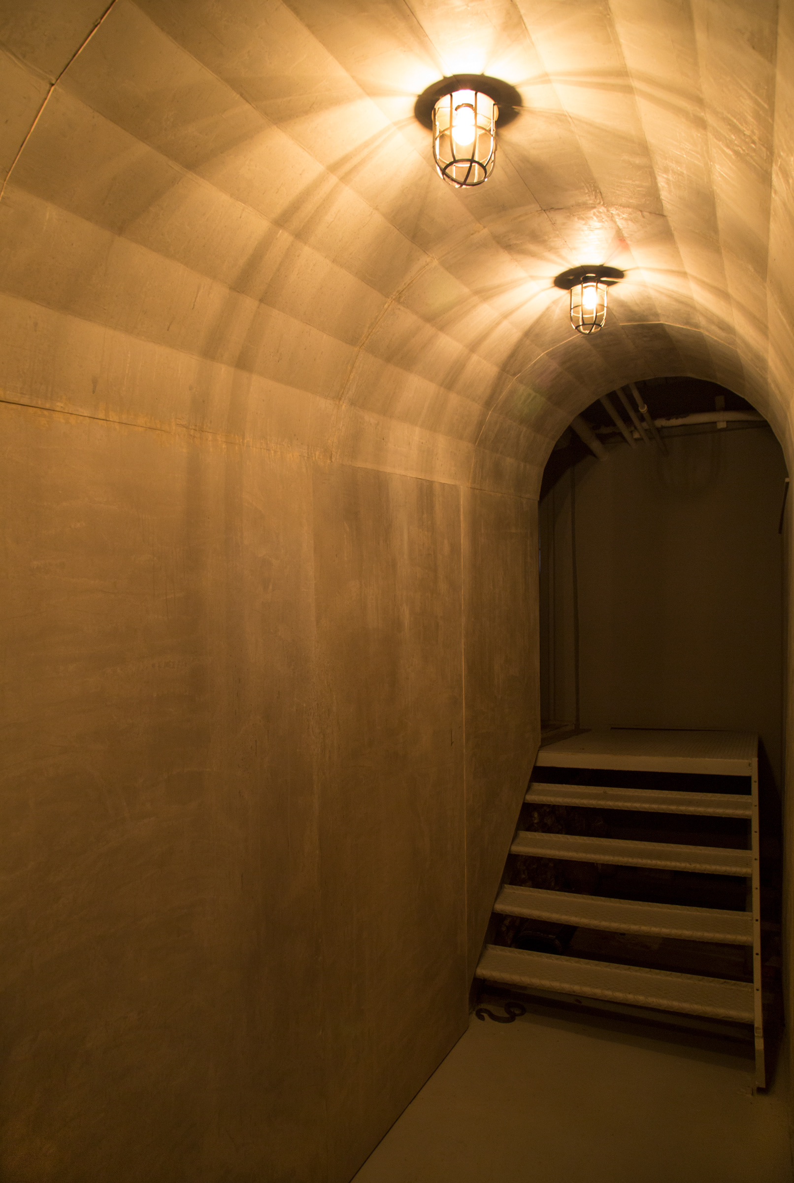 view from the interior gallery looking back up into the stairs and entry of the space. A tunnel-like structure with cage lights above. A ceramic snake hides under the stairs. This image is lit with only lights from the installation (no outside or gallery light interruption)