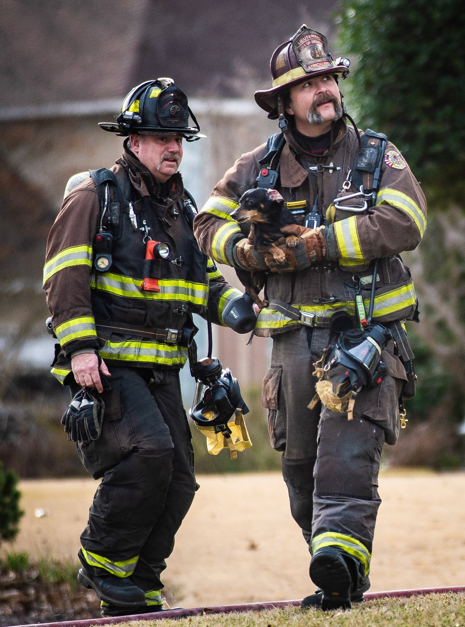Lt. Brandon Strickland, right, of Decatur Fire &amp; Rescue carries Willie, a dachshund, after rescuing him from a residential fire off Hunington Lane Southeast on Thursday, January 9, 2020, in Decatur, Ala.