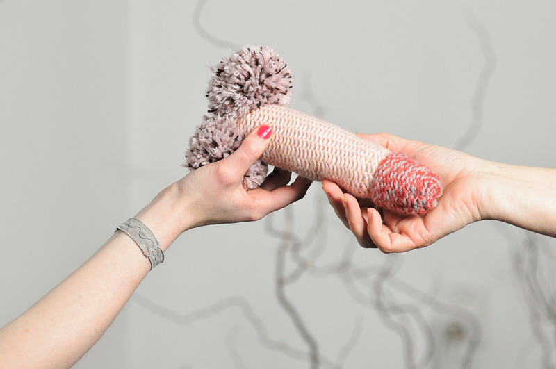 Crochet penis with pompoms for balls