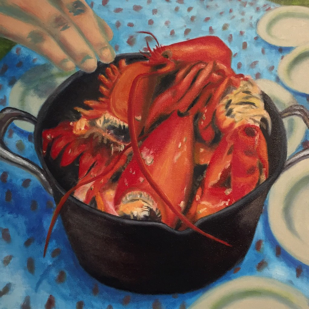 “Lobsters” 14″x14″, Oil on canvas, 2019