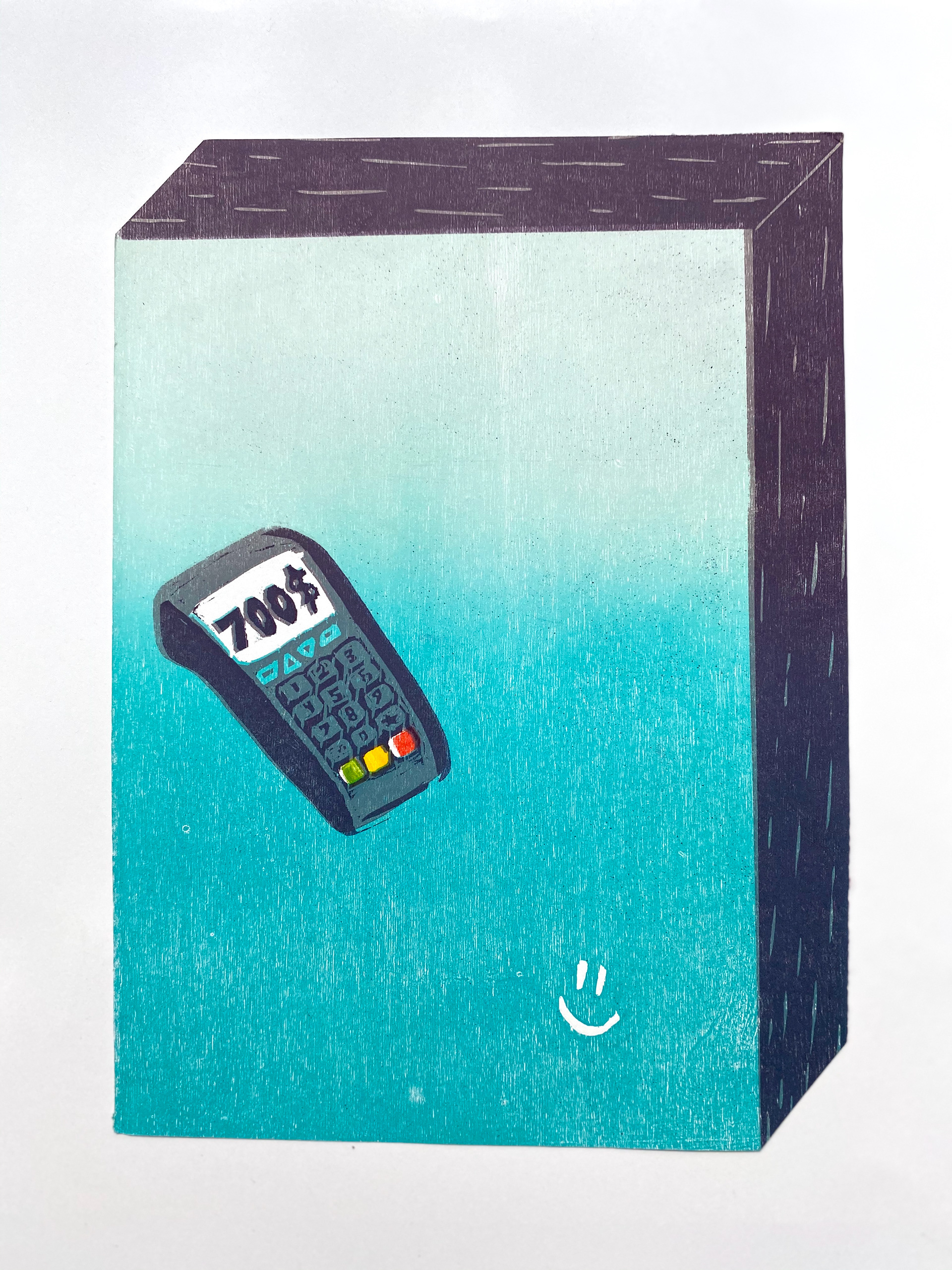 "Pay Me 700$" Irregular shape (white background not included) 10"x7", Woodblock Print, 2018