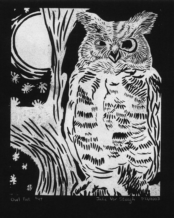 Owl Post linoleum block print, 2003