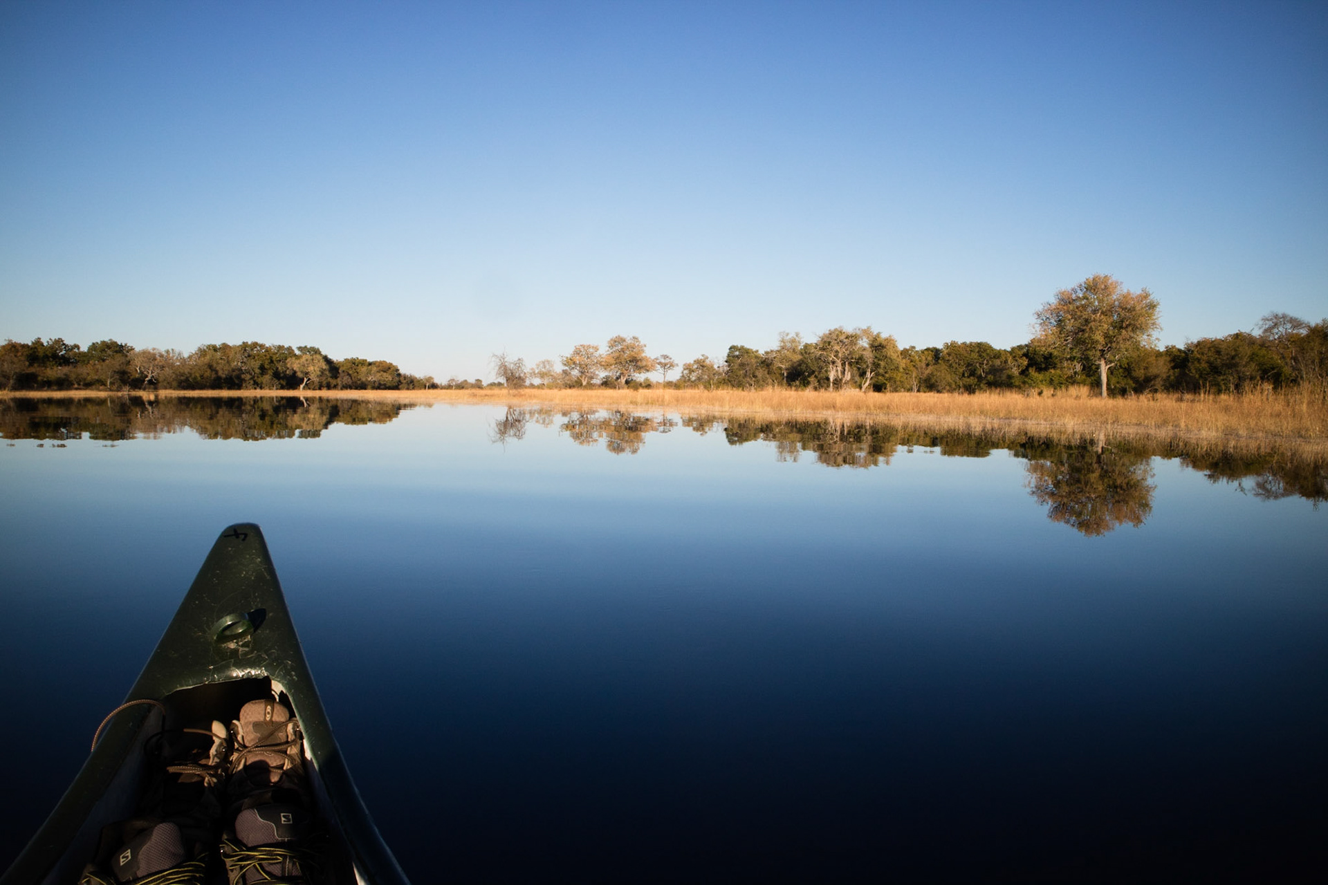Reflections in the still early morning water, Selinda Spillway