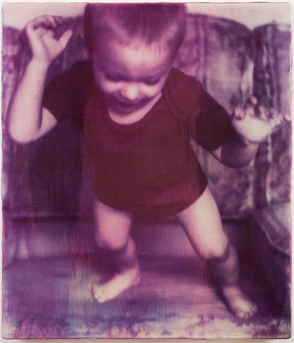jump v2,2020,gum bichromate, watercolor on traditional gesso, muslin on panel, soluvar,8 X 9