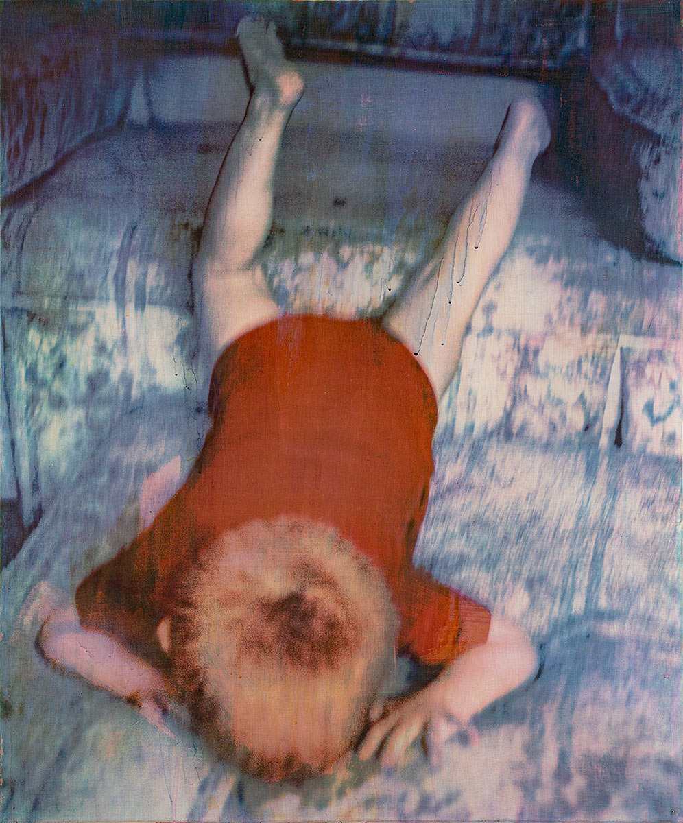 falling,2020,gum bichromate, watercolor on traditional gesso, muslin on panel, soluvar,29 X 35