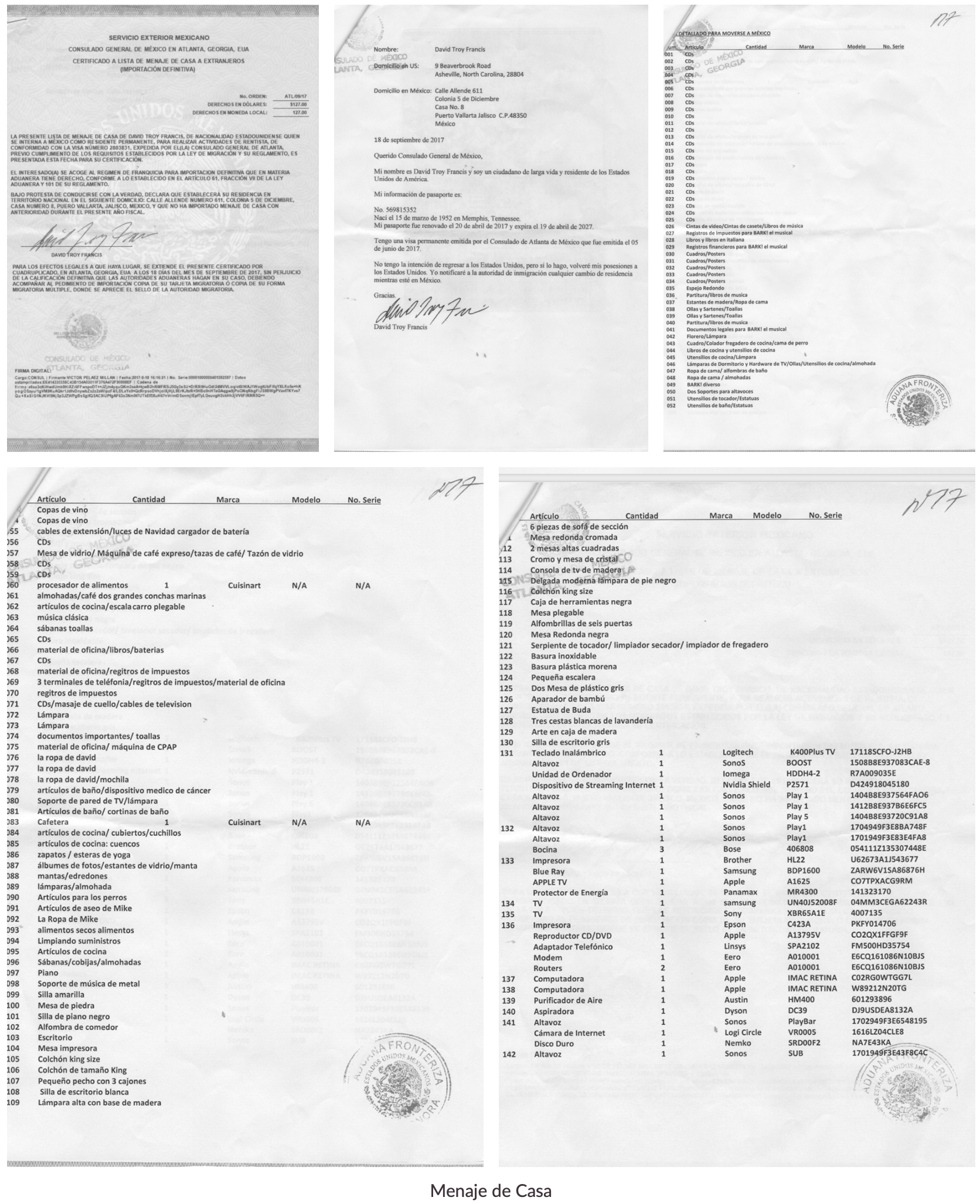 Certificado a lista de menaje de casa a extranjeros