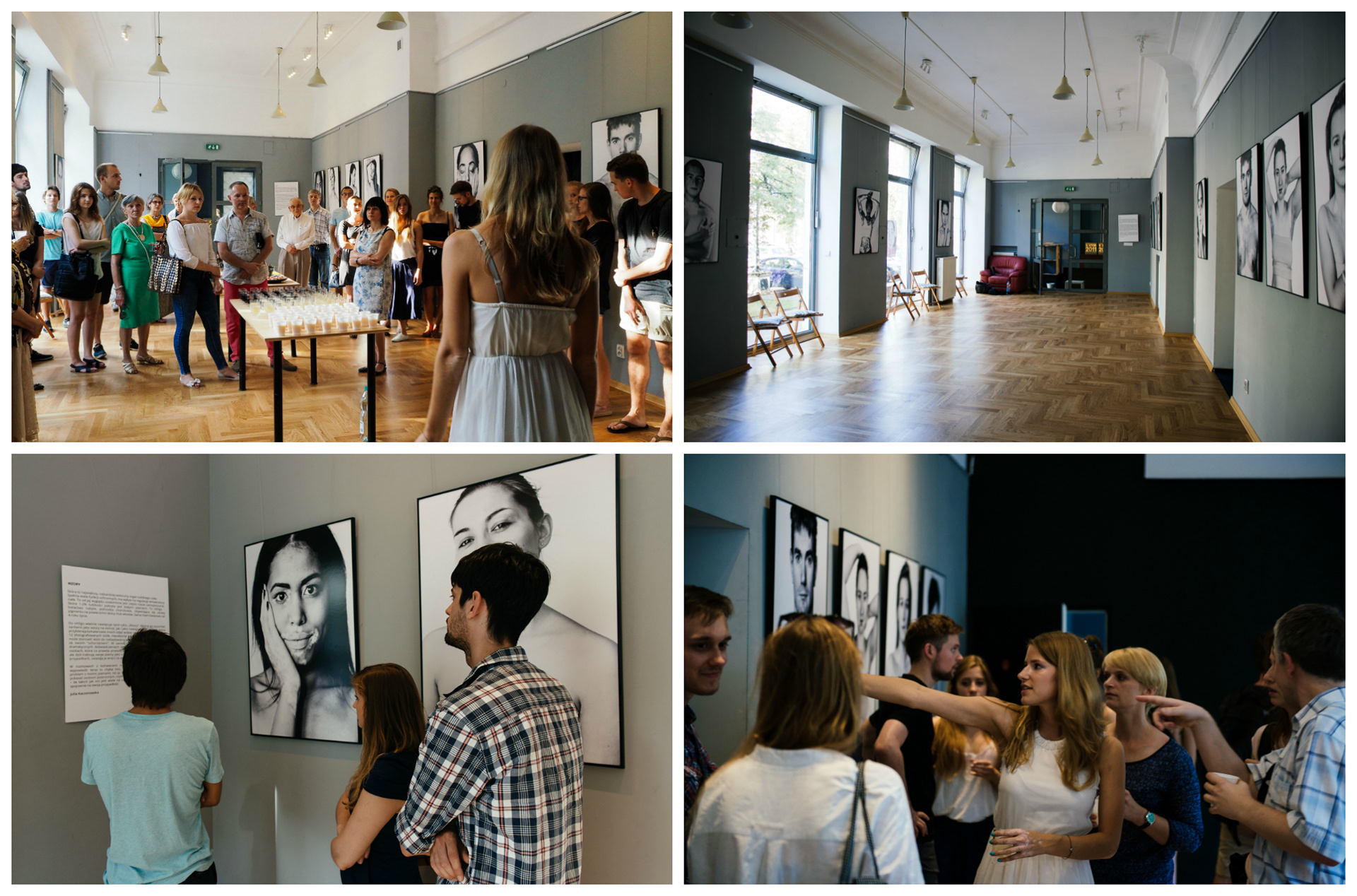 1. Wide shot, art gallery opening. Guests congregate around a wooden table with dozens of glasses with juice, white and red wine. They face towards a woman who stands, addressing the crowd, with her back to camera. Along the gallery walls, a series of black and white portraits of people with vitiligo are illuminated by tall windows on the opposite wall. 2. Empty art gallery. Wooden chairs have been pushed to the side to create a large empty space in the room. To the left, 3 floor to ceiling windows intercut with 3 panels that each contain their own black and white portrait of a person with vitiligo. To the right, walls that contain several black and white portraits of people with vitiligo placed side by side. Modern hanging lights dangle from the ceiling over a geometric wooden floor. 3. Medium shot, corner of art gallery. 3 guests cross their arms and read the artist’s intent which is posted on 1 wall. This is accompanied by 2 black and white portraits on the adjacent wall. The models in the portraits both have vitiligo and look as if they are peering into camera as the photo is taken. 4. Night at the gallery opening. Several guests congregate in different groups, some engaged in lively conversation and others point towards artwork off-camera. A woman at the center of the photo has patches of vitiligo on her hands. The gallery wall contains 4 large black and white portraits that seem to peer out at the onlookers.
