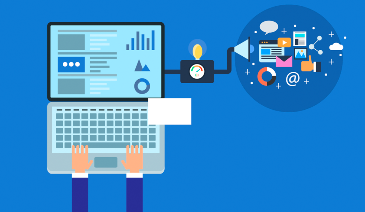 Image of computer illustration with icons and blue background