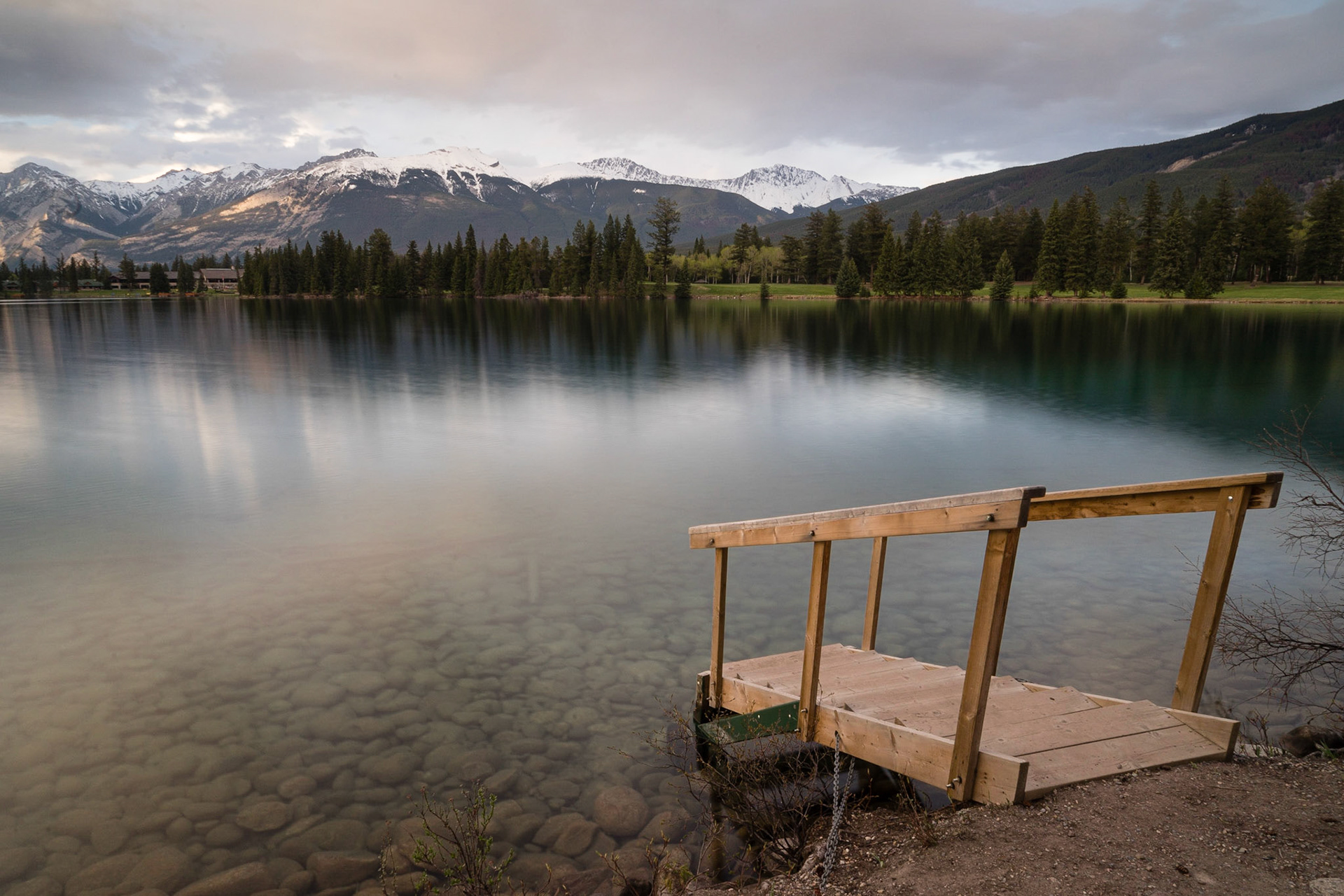 A nice still Beauvert Lake, near Jasper, AB.