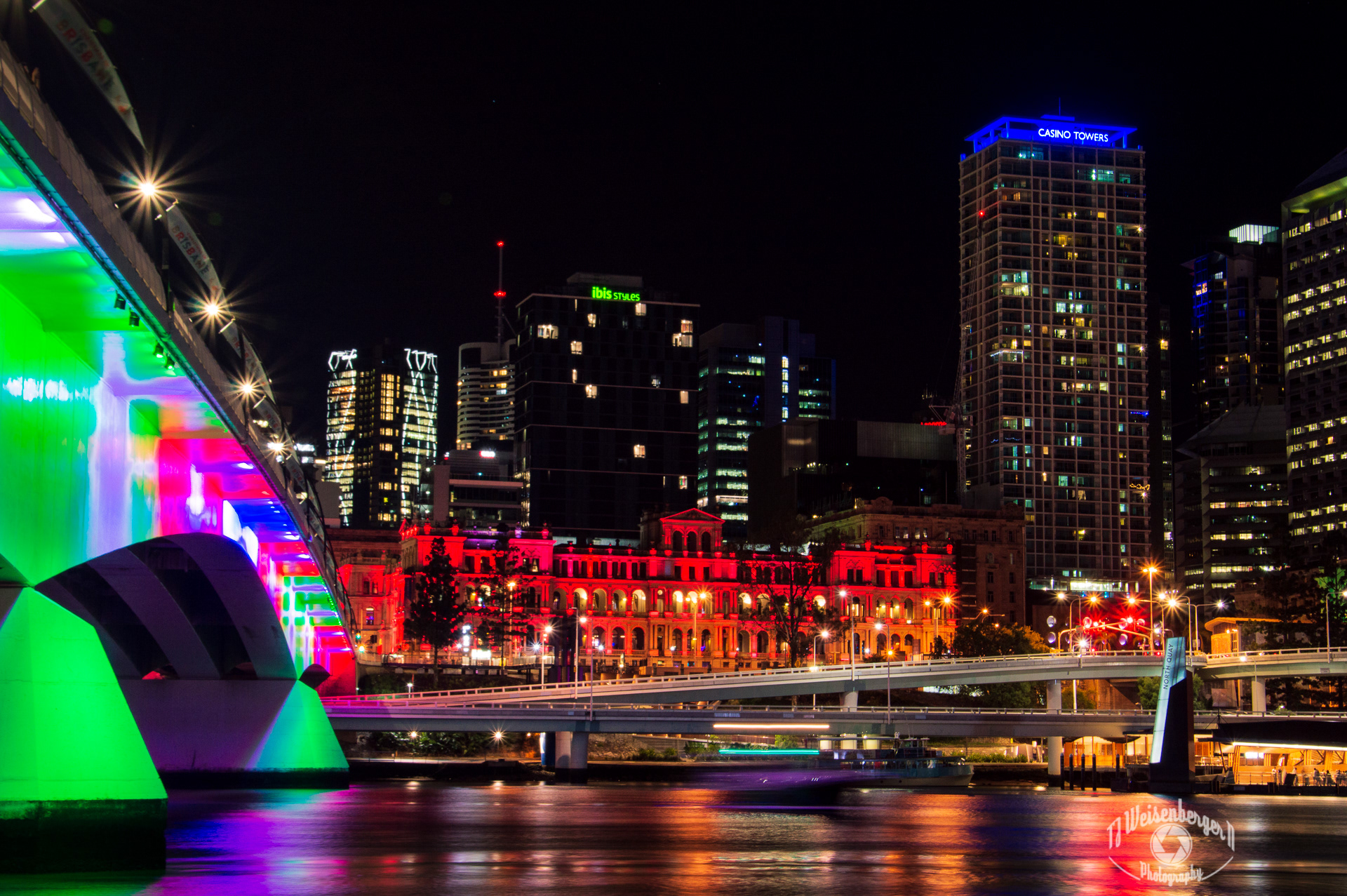 Night Lights, North Quay Brisbane River - Brisbane, Queensland Australia; Australia; Boats; Bridges; Brisbane; Brisbane River; Lights; Movement; North Quay; Photography; Queensland; River; Tourism; Travel; Travel Destinations; Water's Edge; Waterfront; bridge; nature; night; street photography; TJ; Weisenberger
