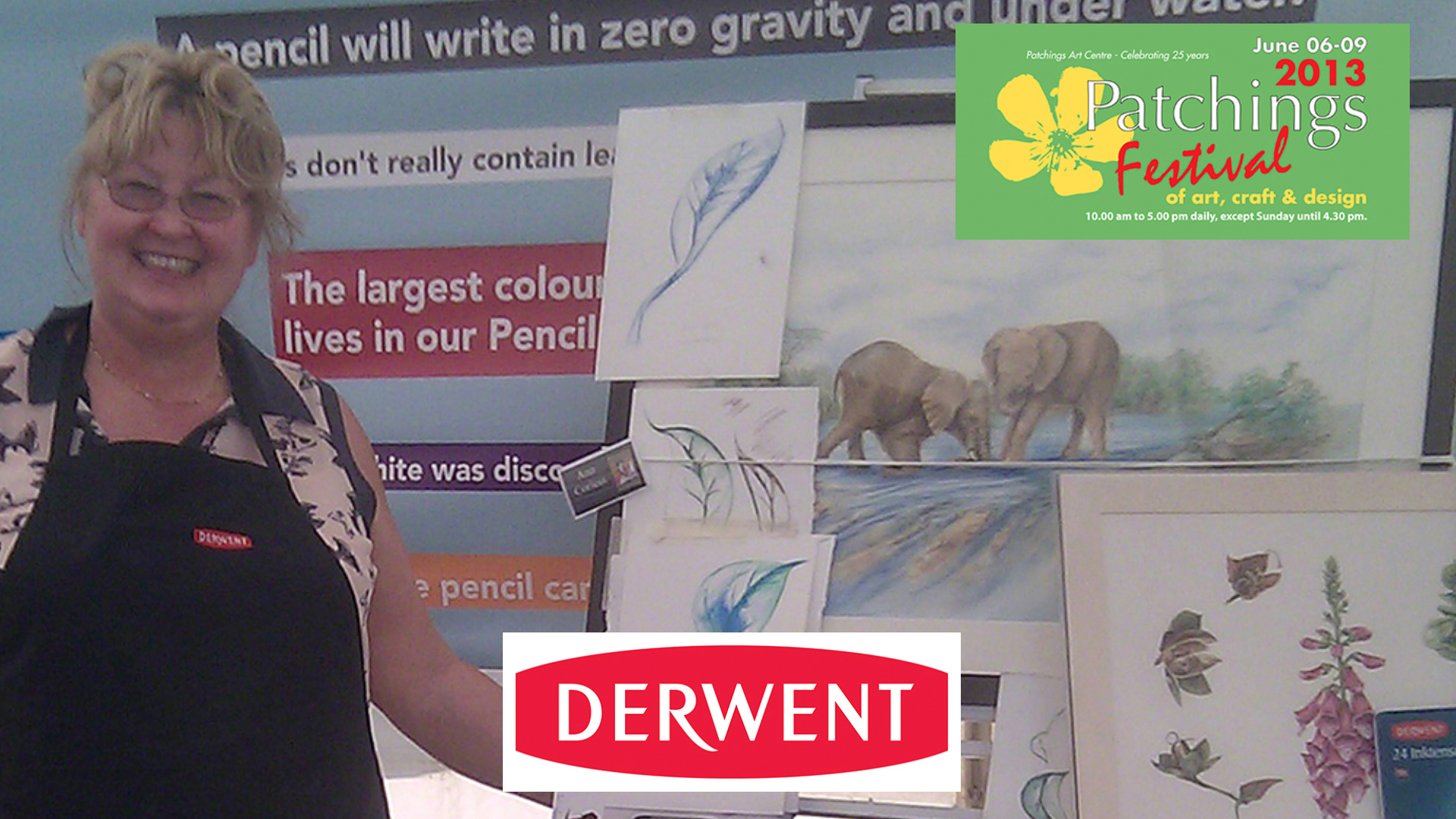Photo of Anne Corless teaching and demonstrating on the Derwent stand at Patchings Art Festival, UK. 2013.