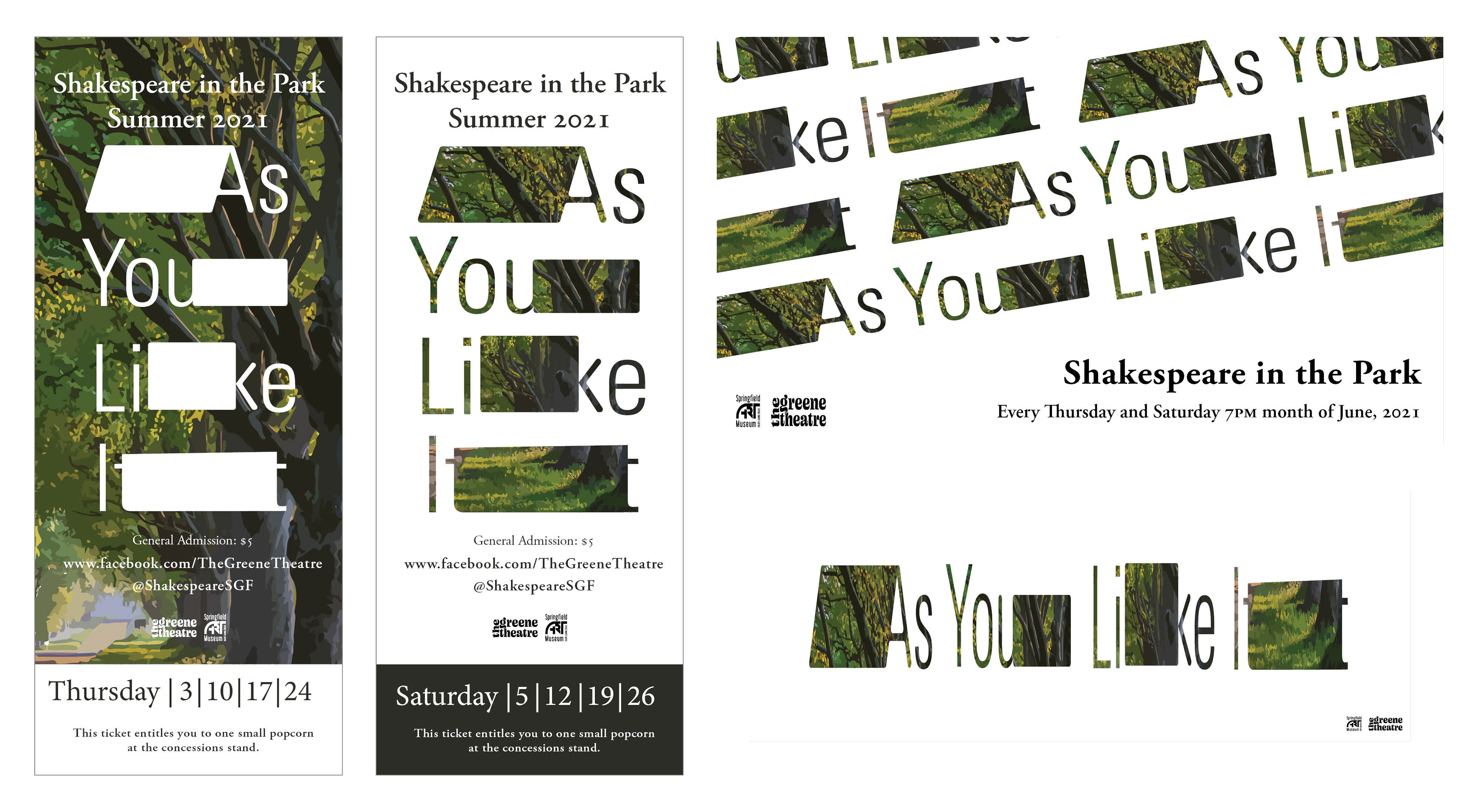 Ticket Design (left) and Facebook Advertising Ad and Cover (right) for "As You Like It"