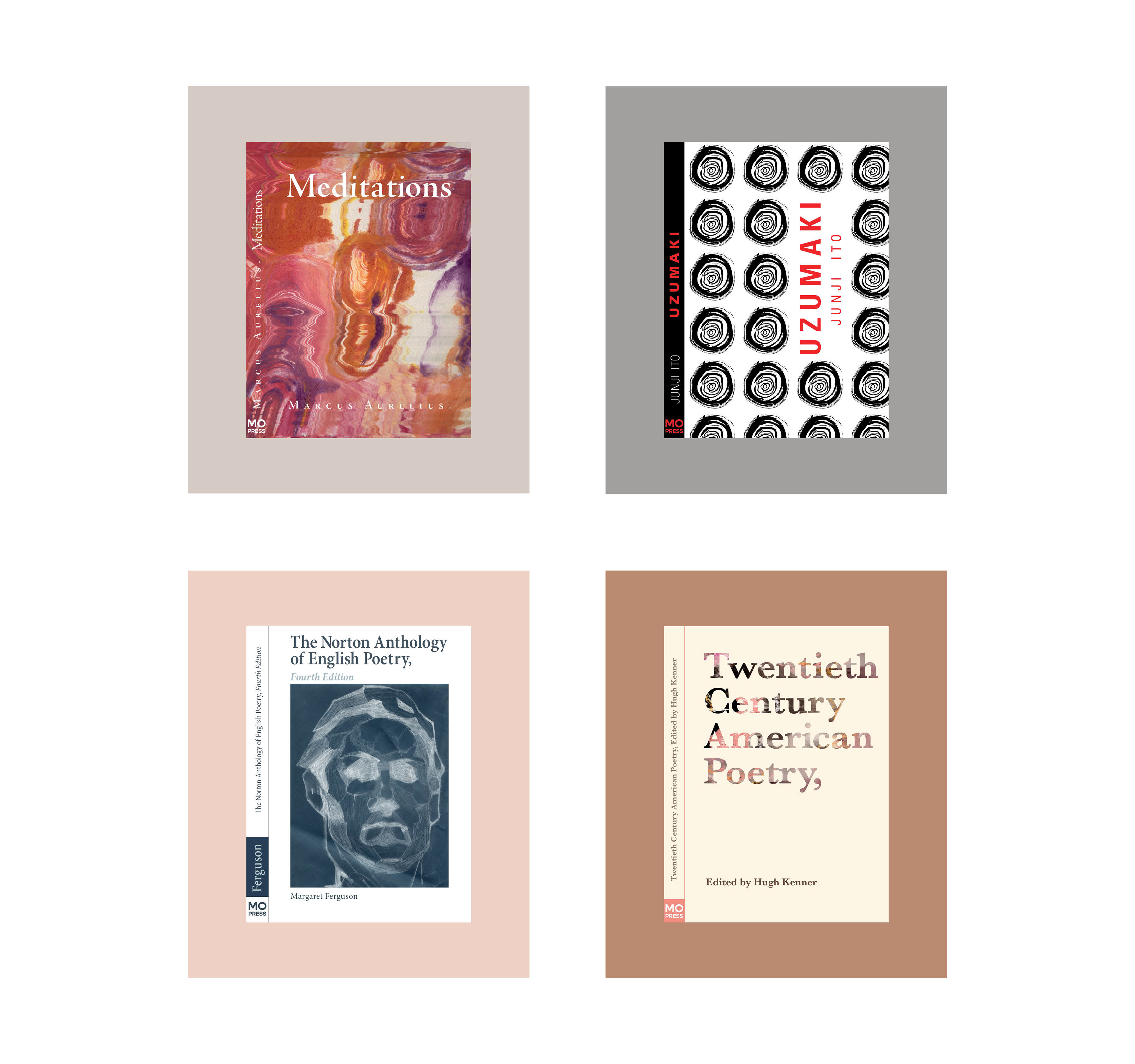 Book Cover designs for "Meditations" by Marcus Aurelius, "Uzumaki" by Junji Ito, "The Norton Anthology of English Poetry" by Margaret Ferguson, and "Twentieth Century American Poetry", edited by Hugh Kenner.