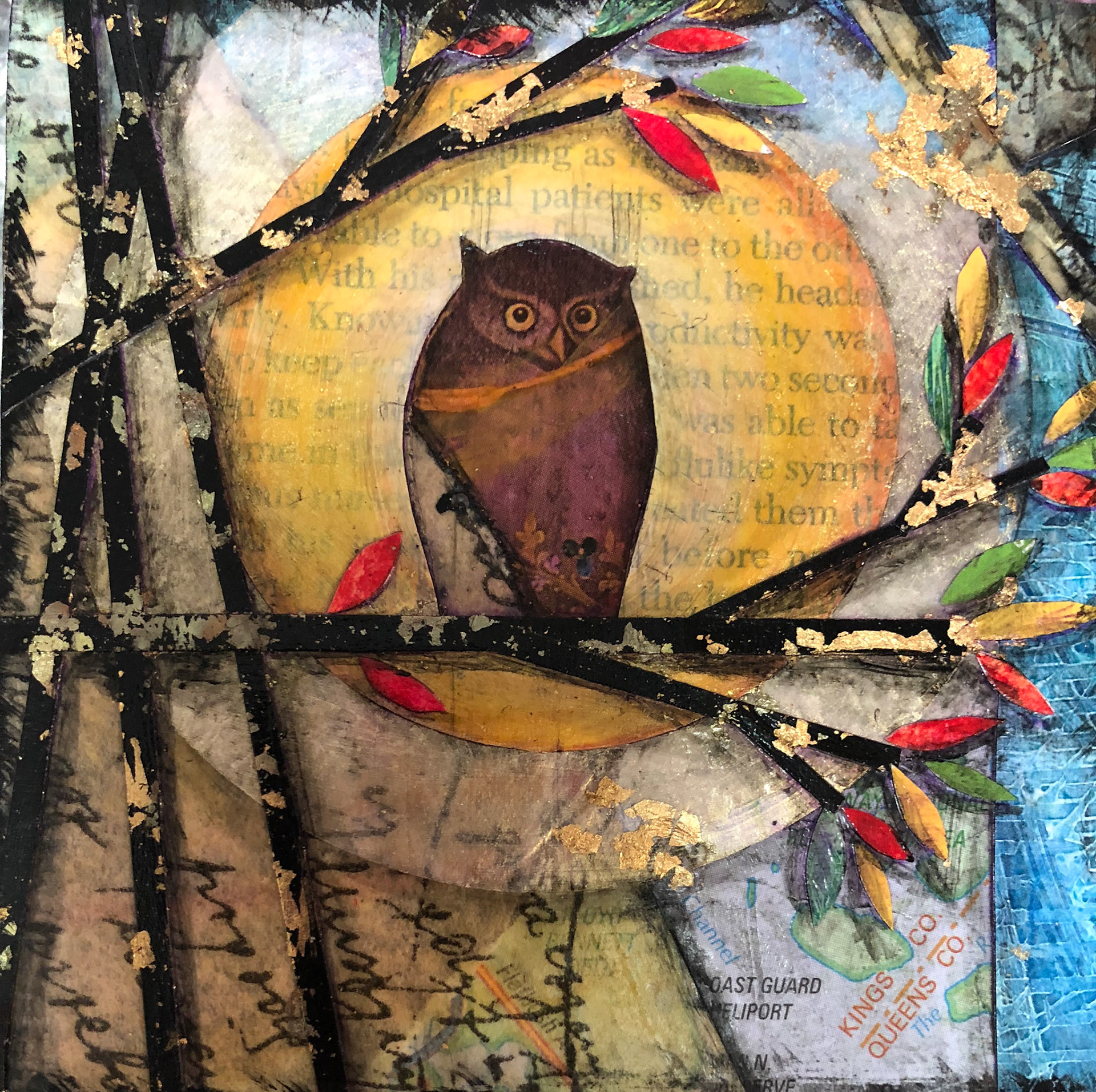 "Owl" :: 6x6 Collage on Cradled Panel
