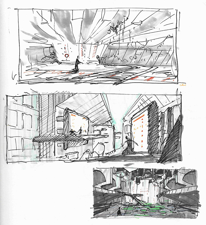 Thumbnails exploring interiors for a playable space.