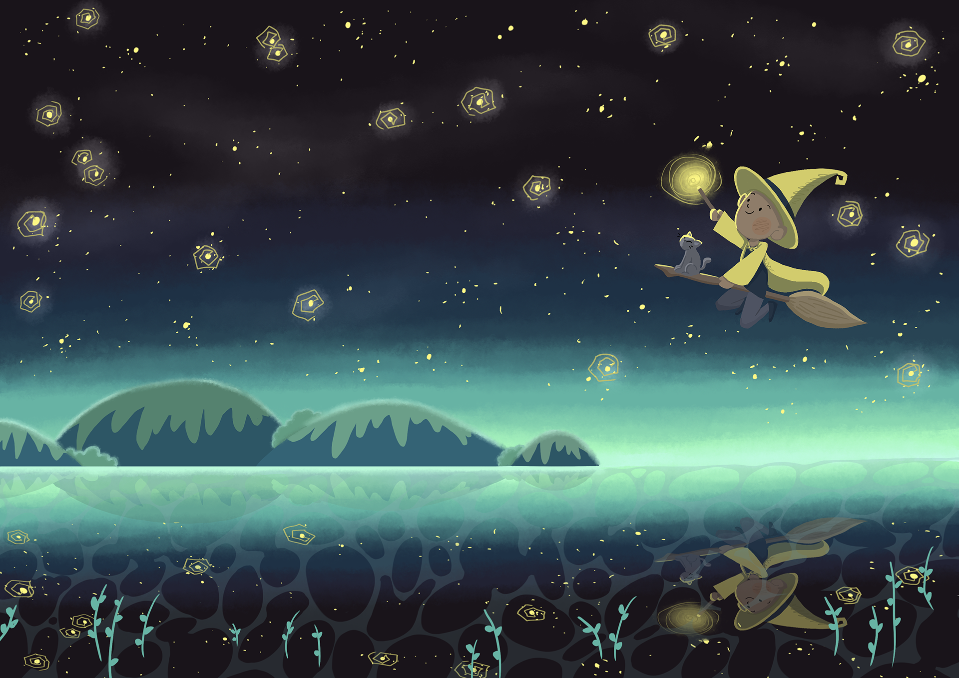 My illustration of a little wizard flying over the sea