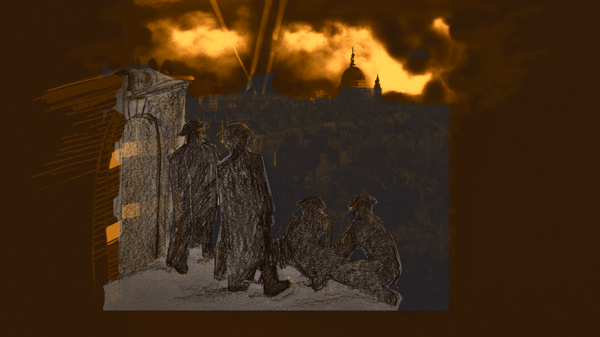 ARPs stand guard at night, digital photo bash / sketch
