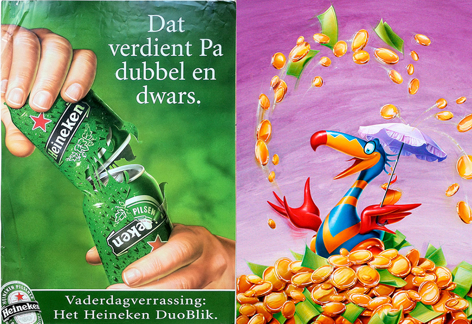 Airbrush/mixed techniek :Heineken en bankgiroloterij