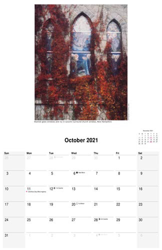 October 2021 scenic calendar, Autumn church windows photography