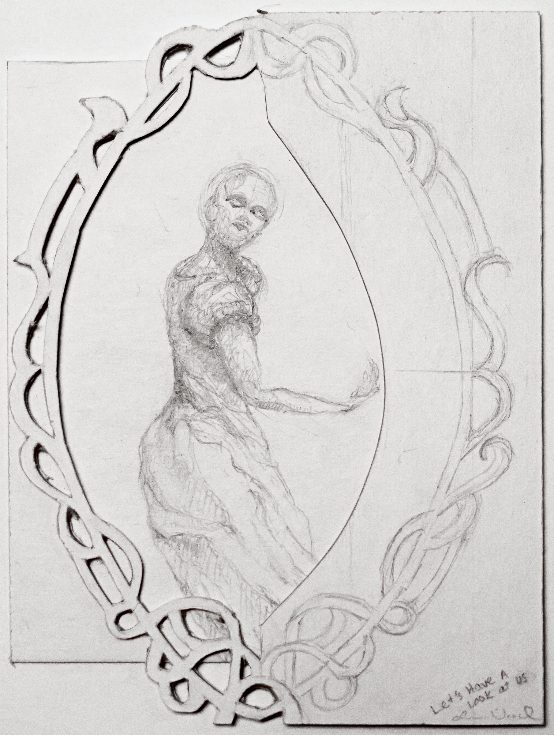"Let's Have a Look at Us." 7" x 5.25". Pencil on cut, layered matte board. *Only to be hung below 40" center*
