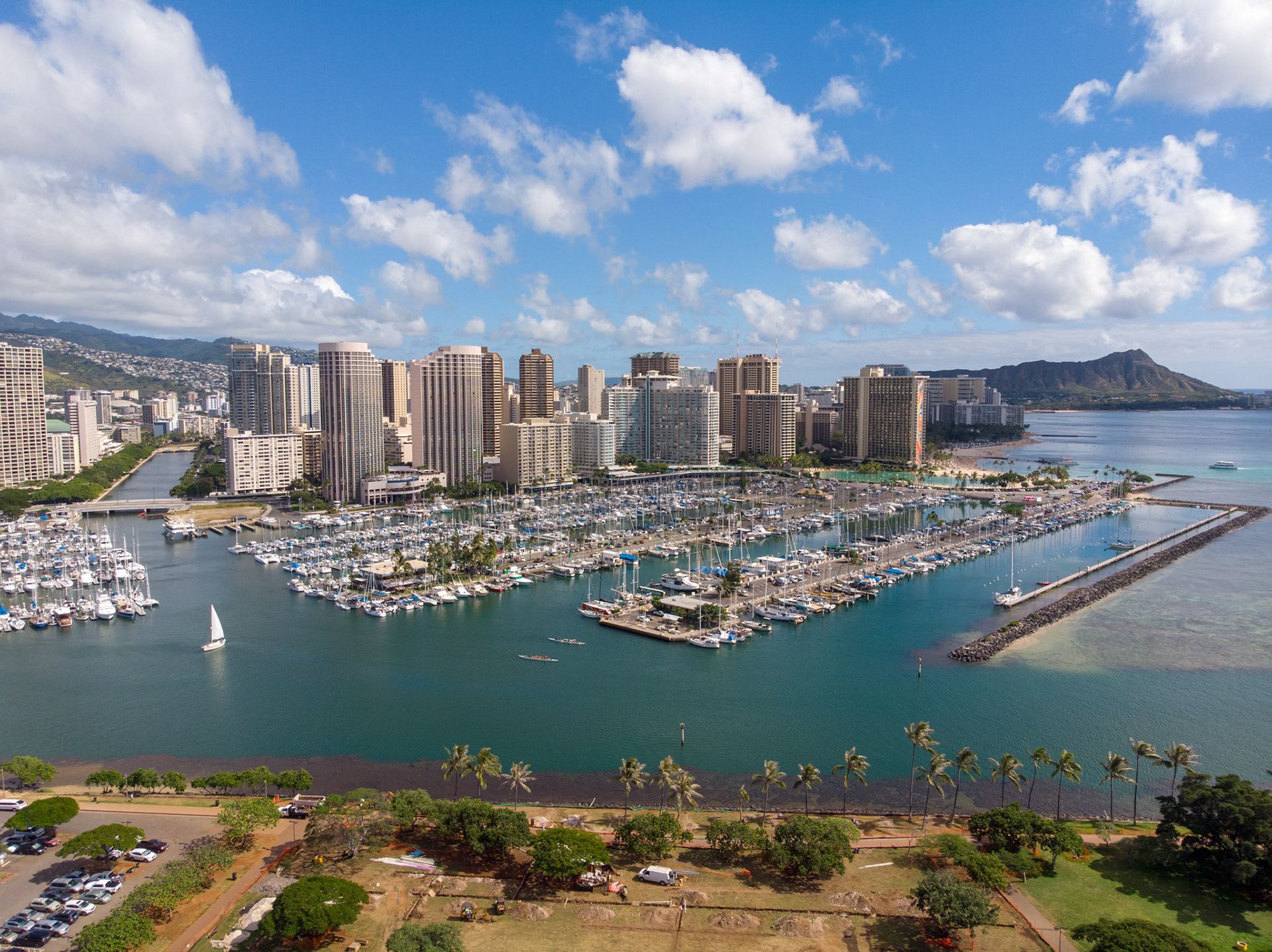 View from above Magic Island looking towards the Ala Wai Boat Harbor. In the background you can see Diamond Head as well.