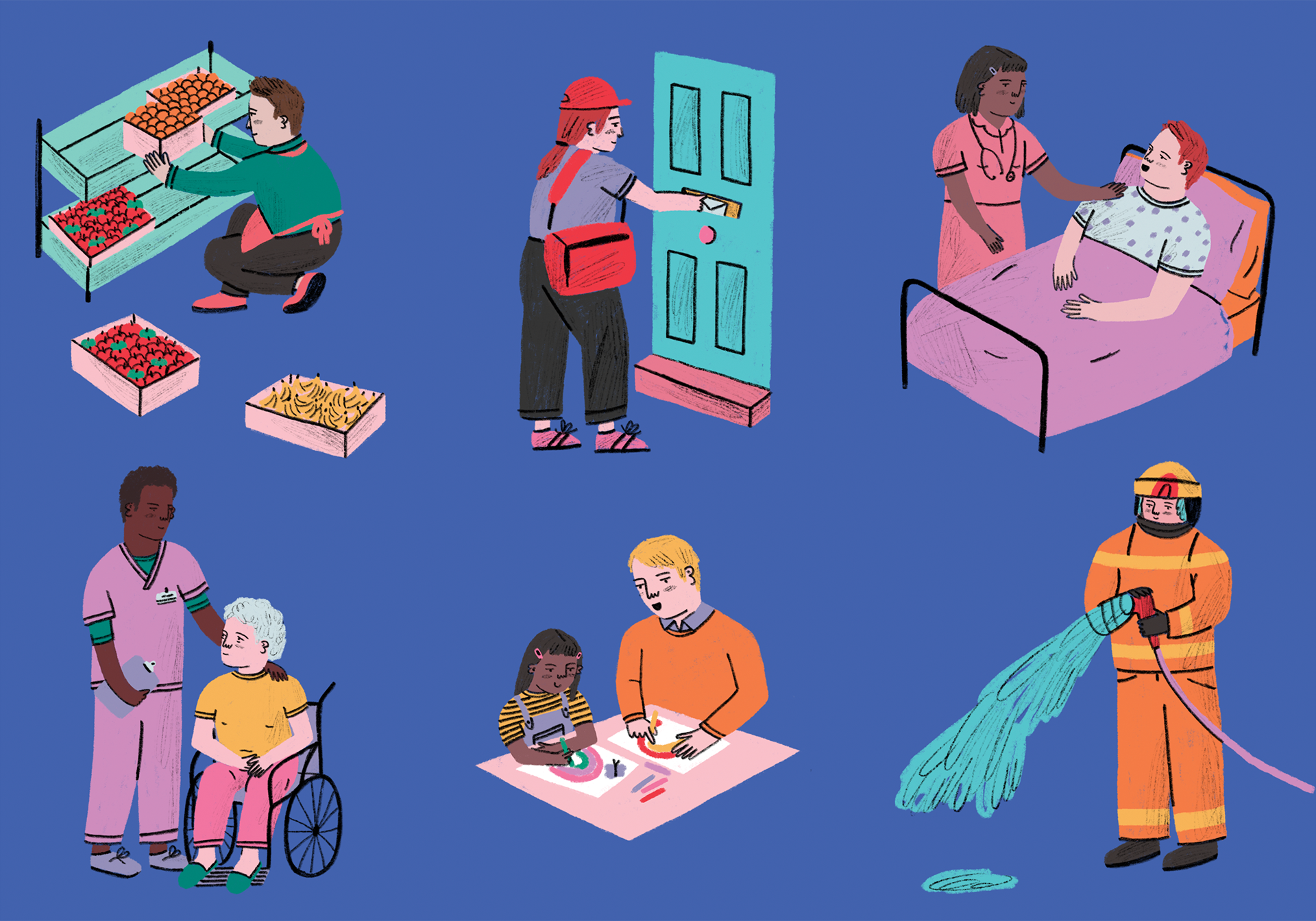 Illustration showing key workers, including a shop worker, a postwoman, a nurse, a carer, a teacher and a firewoman, by Ellie Wilkinson